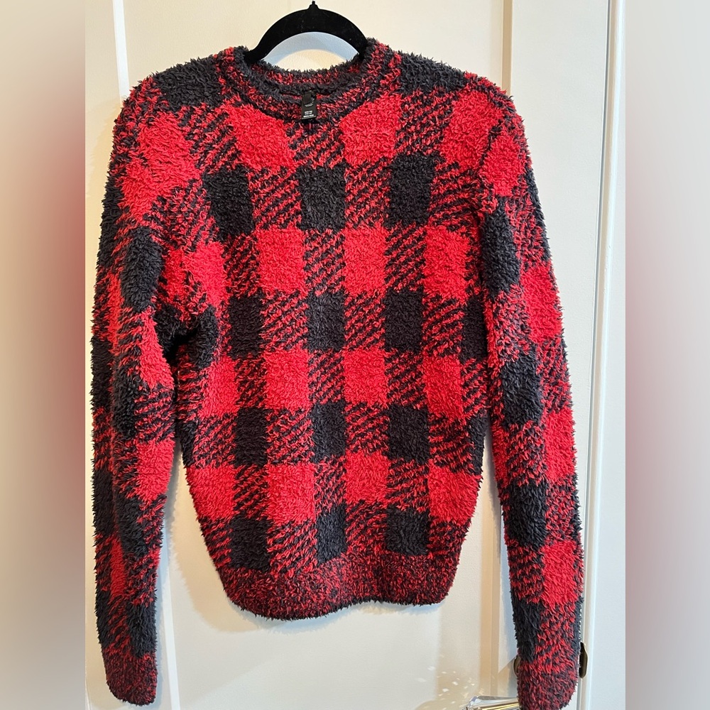 SKIMS Red and Black Plaid Crew Neck Sweater NWOT